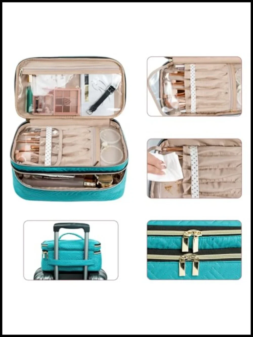 Large Double Layer Train Case Makeup Bag, Water-Resistant Velvet Organizer,